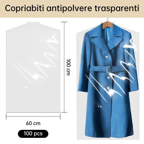 100PCS Disposable Clear Garment Cover Bags, 60 x 100 cm Plastic Dustproof Clothes Covers, Waterproof and Hanging
