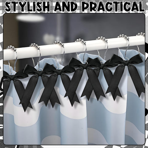 12 Black Bow Shower Curtain Hooks, Cute Bow Bathroom Accessories Decor Supplies, Stainless Steel Fine Workmanship Shower Rings Decor