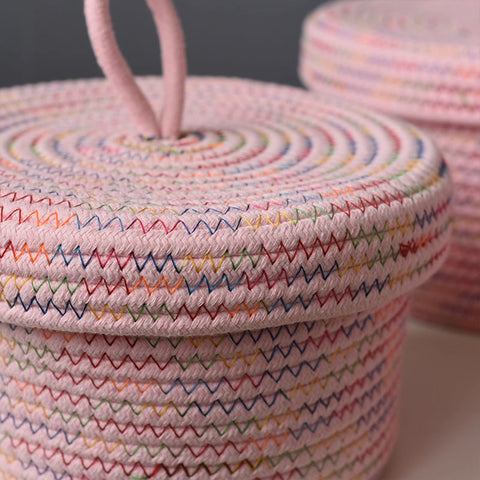 Round Cotton Rope Storage Basket with Lid, Round Multipurpose Cotton Woven Basket with Lid Large Capacity Storage Pot Organizer Container for Small