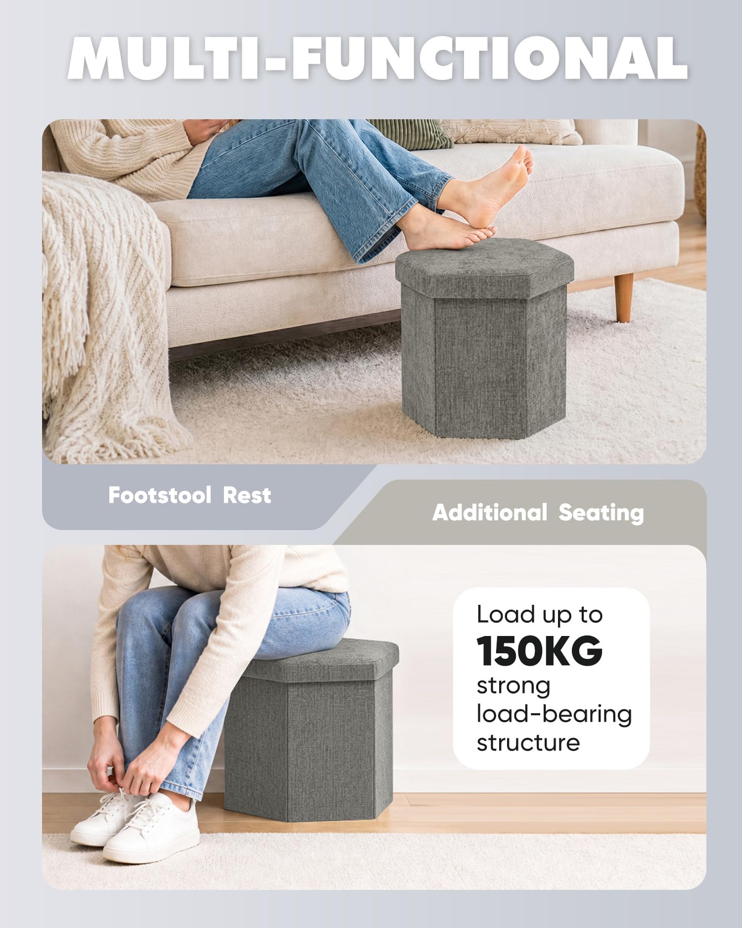 Bonlife Folding Storage Ottoman Hexagonal, Footrest with Toy Ches Box, 43cm