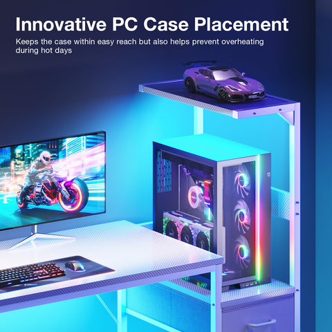 Coleshome 138×48 cm Gaming Desk with LED Lights, Carbon Fiber White
