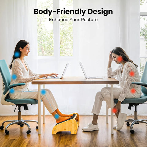 HUANUO Bamboo Under Desk Footrest, Ergonomic Foot Rest with 4 Height Options & Adjustable Angles, Pebble Massage Surface