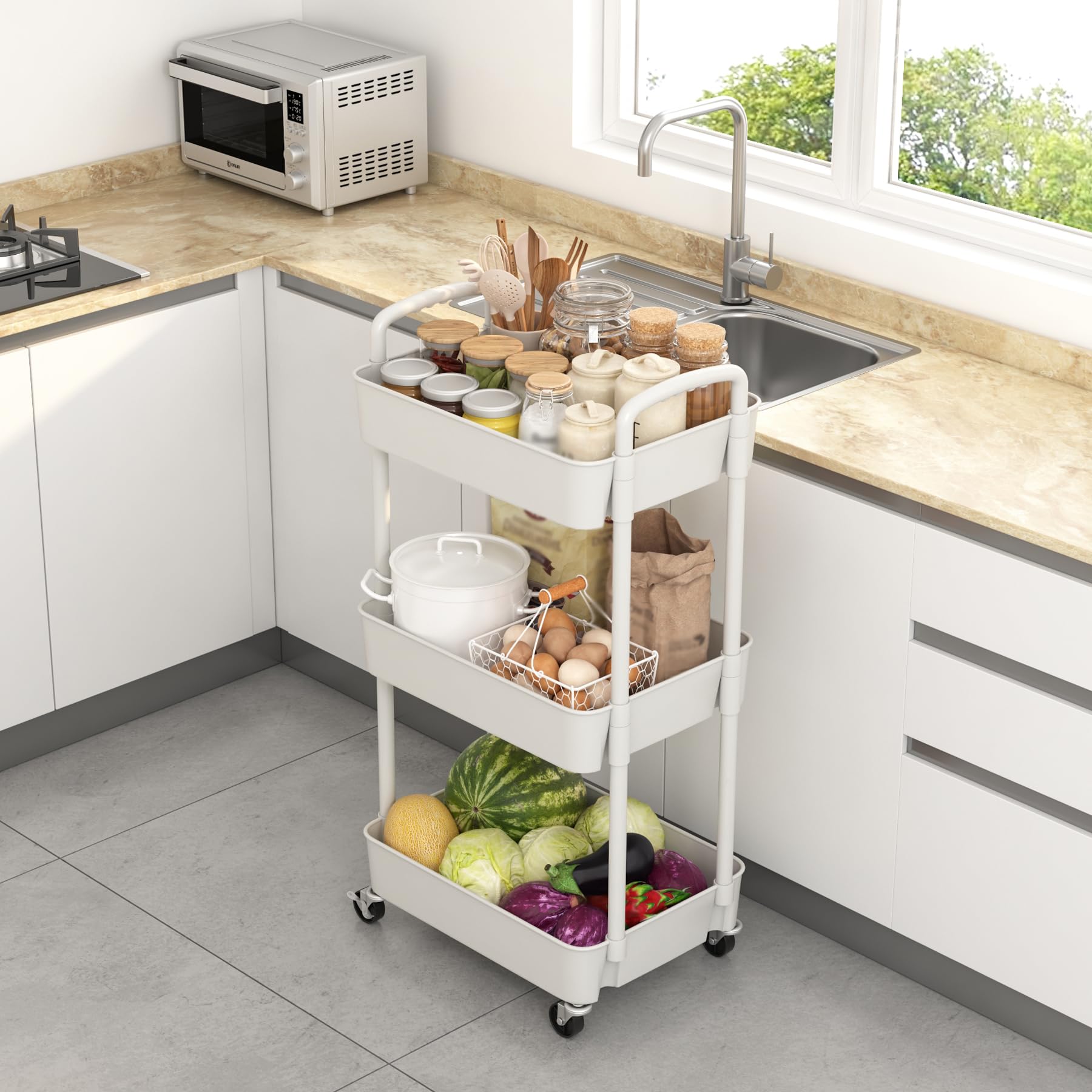 Sywhitta 3-Tier Plastic Rolling Utility Cart with Handle, Multi-Functional Storage Trolley for Office, Living Room, Kitchen