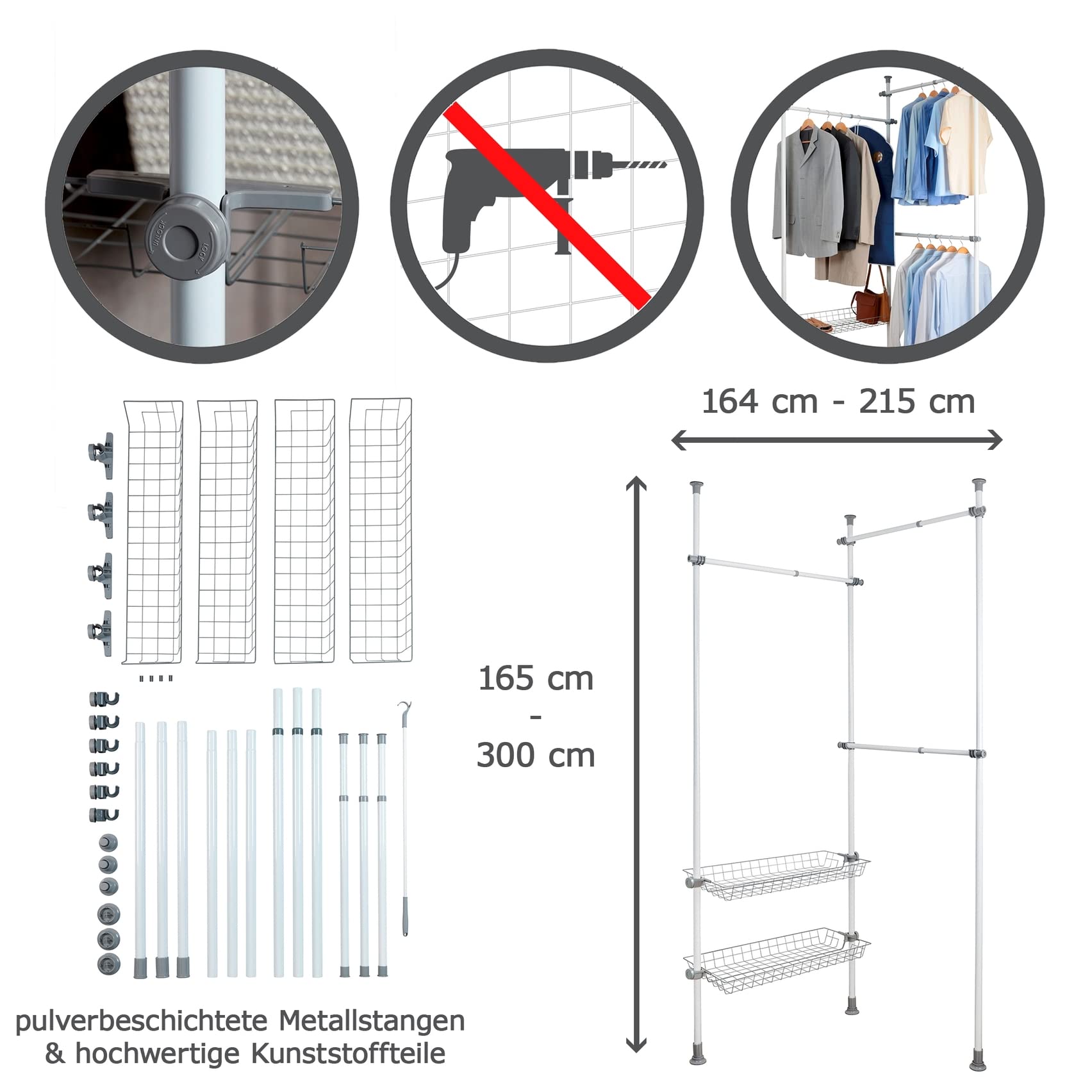 WENKO 50611100 Telescopic clothes rack system Herkules Duo - adjustable organisation system, coat rack system, Steel, 164-215 x 165-300 x 38 cm, White