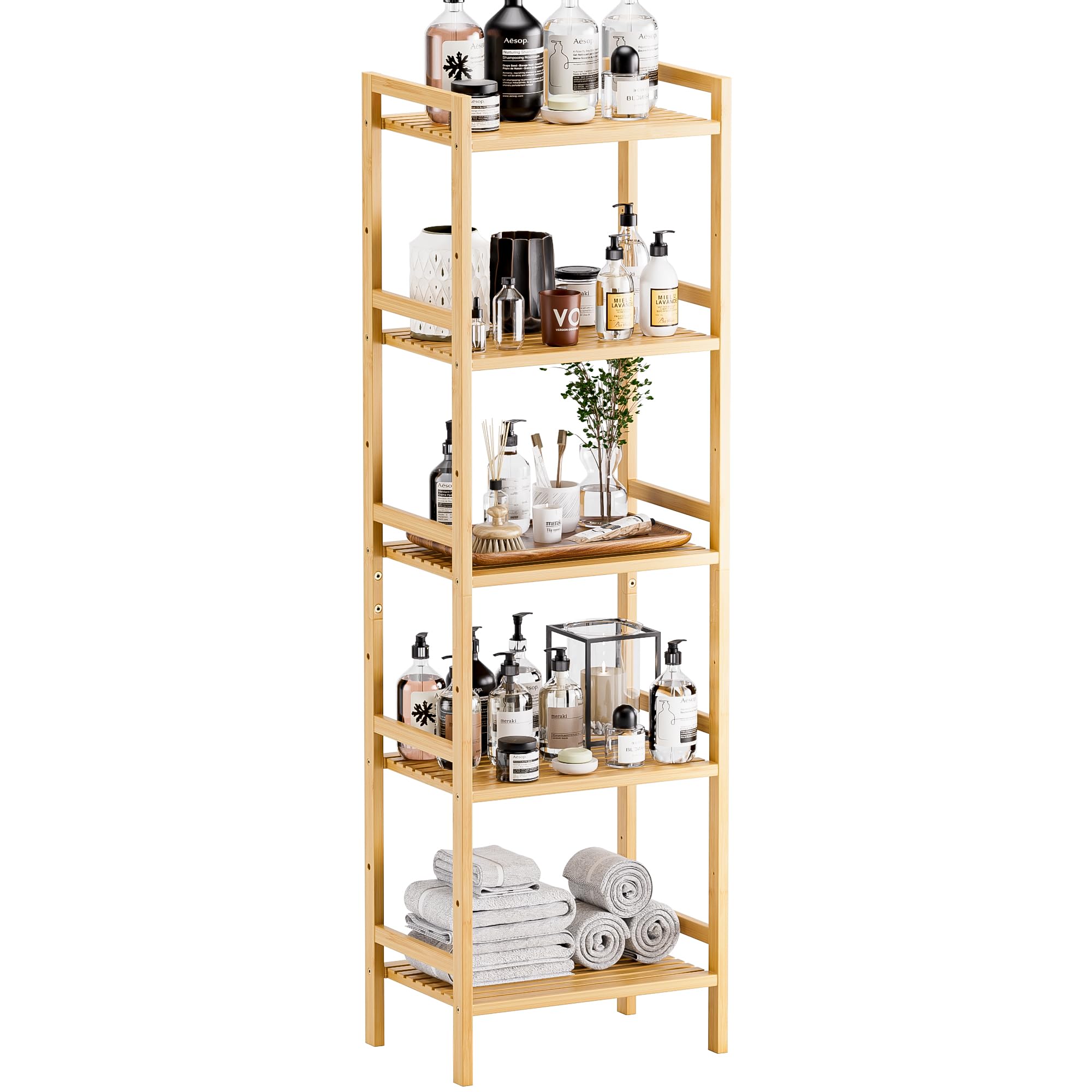 HITNET 5-Tier Bamboo Bookshelf, Tall Narrow Adjustable Bookcase, Freestanding Storage Shelf Unit for Living Room, Bathroom, Kitchen, Natural