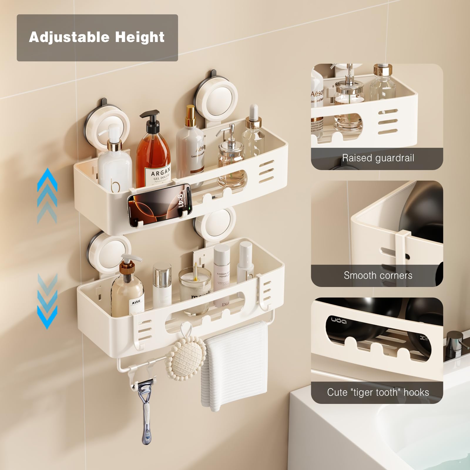 Voldra Shower Caddy Suction Cup, Adhesive Bathroom Shelves Shower Storage Wall Mounted Aluminum Bathroom Caddy Stick on Shower Organiser Rack With 4