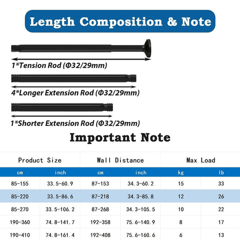 Shower Rail, No Drilling, Extendable Curtain Rod for Clamping, Telescopic Rod, Shower Curtain Rail for Bathroom, Bedroom, Black (85-220CM, Φ32 mm)