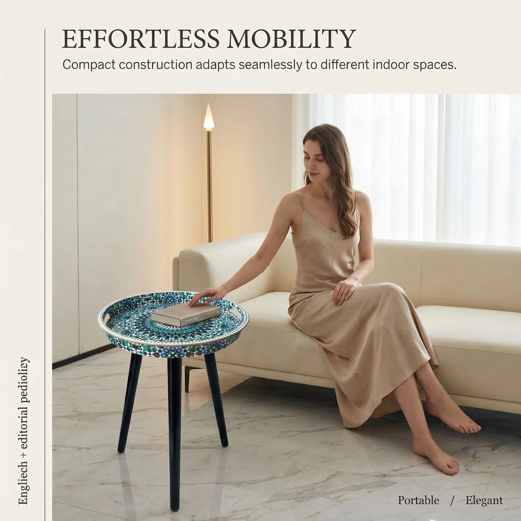 Simmer Stone Round Indoor Side Tables with Detachable Wooden 3 Legs, Versatile Tray Table, Perfect For Round Coffee Table Tea