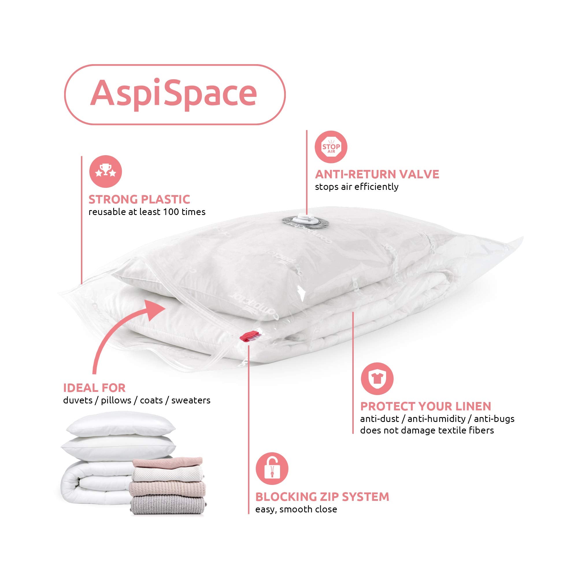 Compactor Aspispace Set of 3 Vacuum Compression Bags | Sizes: 2 M, 1 L | Transparent, Recyclable Material | Sku: RAN4127