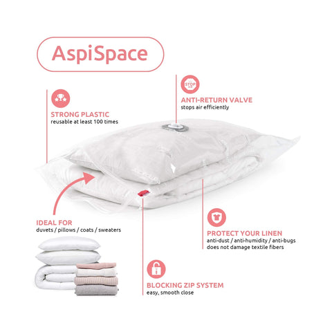 Compactor Aspispace Vacuum Compression Bags XL - 6 Pack, 80X130 cm, Transparent, Reusable Storage Solution