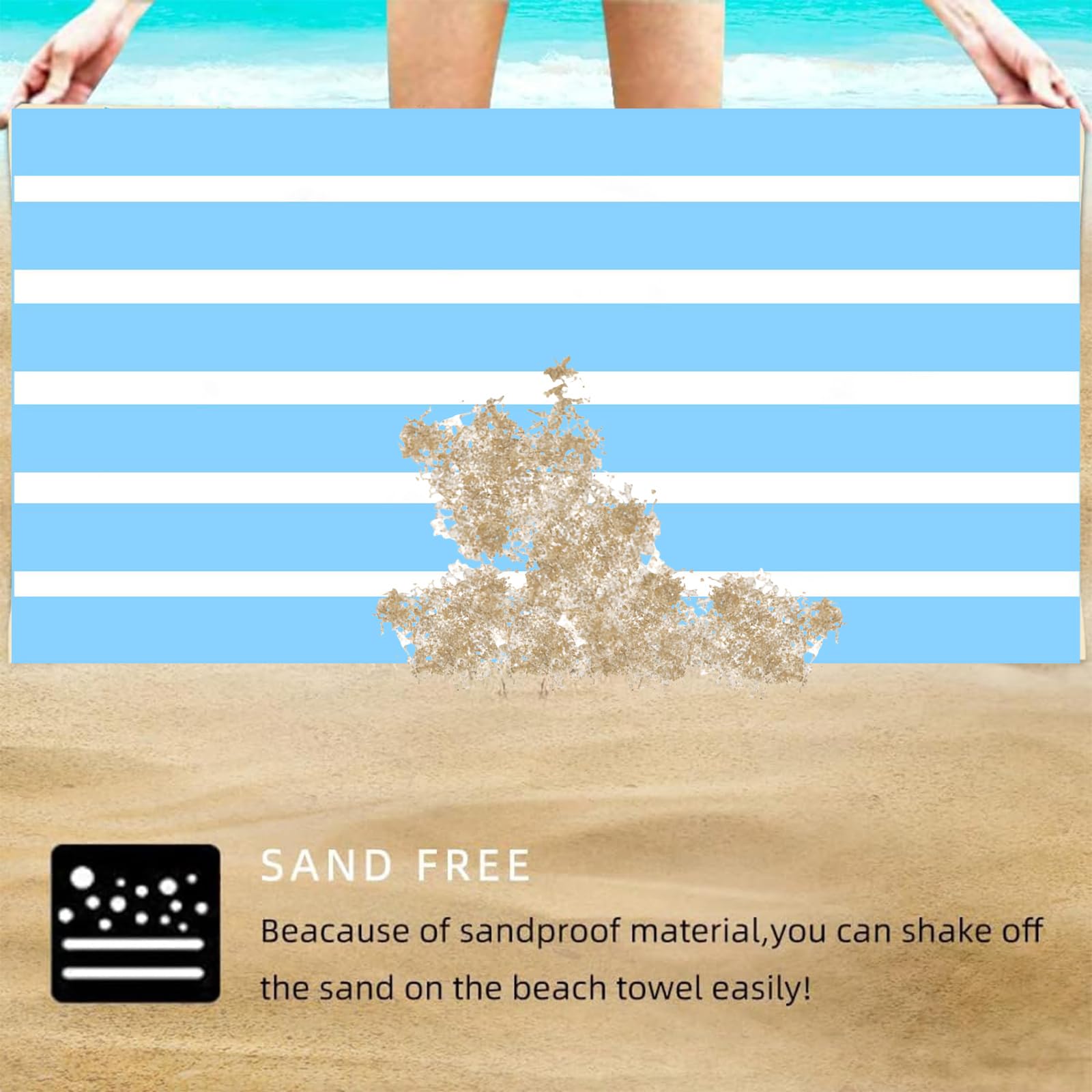 Large Quick Dry Microfibre Beach Bath Towel,Double Sides Light Blue White Striped Sand Free Beach Towel with Bag,Lightweight Gym Yoga Sports