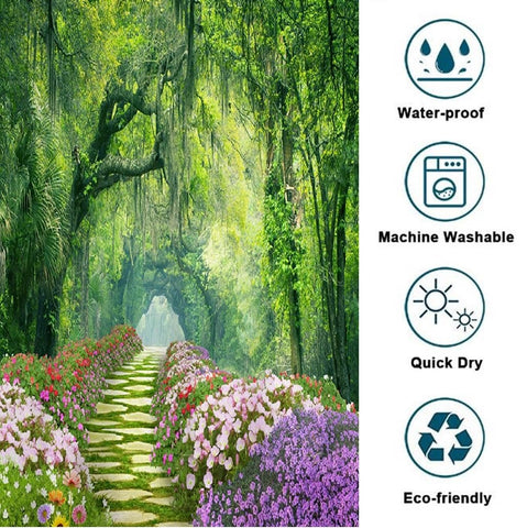goodbath Garden Shower Curtain, 3D Outdoor Shower Curtains Forest Trees Rose Flowers Floral Anti Mould Waterproof Bath Curtains for Bathroom Wetroom