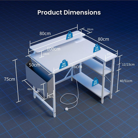 DOMSHOCT L Shaped Gaming Desk with LED Lights & Power Outlets, 100 * 80cm Small Corner Computer Table with Storage Bag & Adjustable Shelves & Large