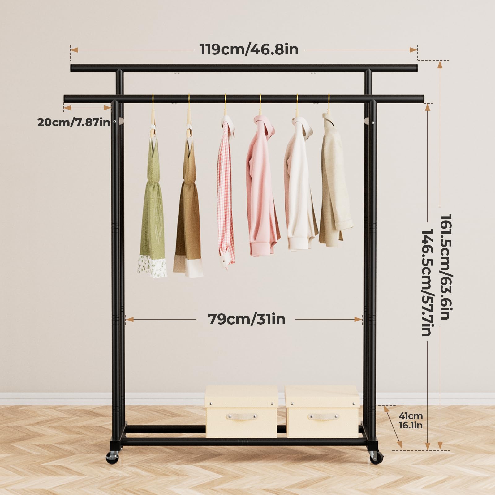 Abiglifty Double Clothes Rail Portable Rack D119xH161.5xW41cm 2 Wheels