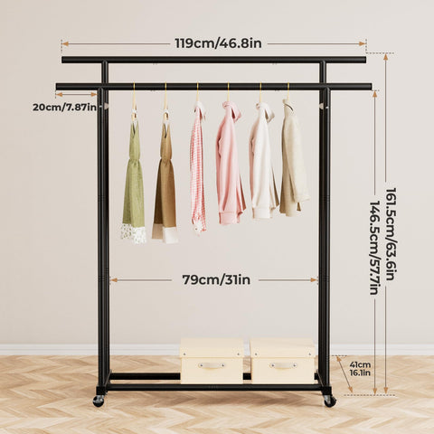 Abiglifty Double Clothes Rail Portable Rack D119xH161.5xW41cm 2 Wheels