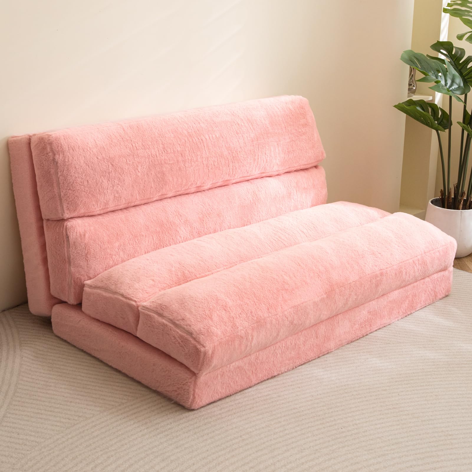 MAXYOYO Bean Bag Bed Folding Sofa Bed Floor Mattress for Adults, Extra Thick 6 Fold Floor Sofa Floor Couch for Bedroom Living Room, Pink, 75x240 cm