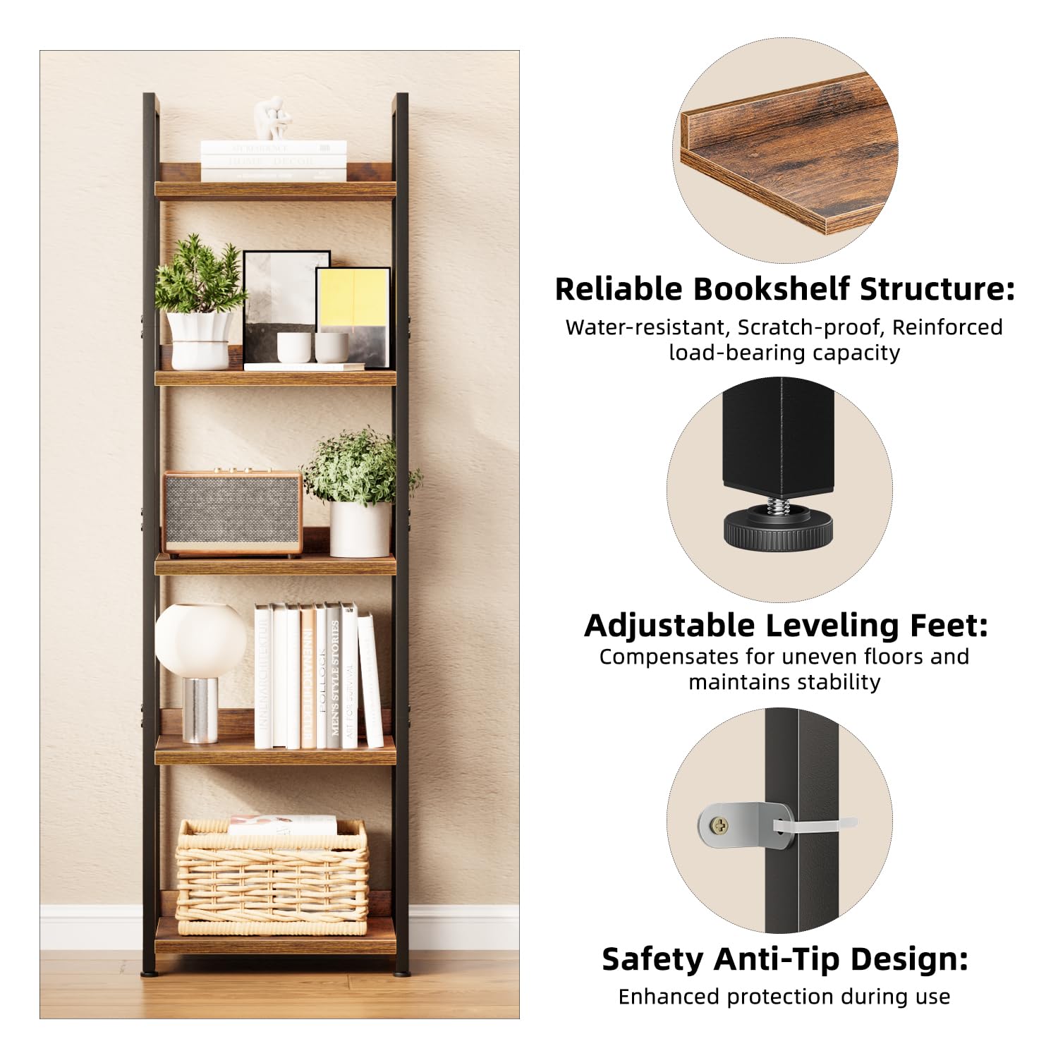 APPOLYN 5 Tier Slim Bookshelf, Bookcase with Backboard, Rustic Brown
