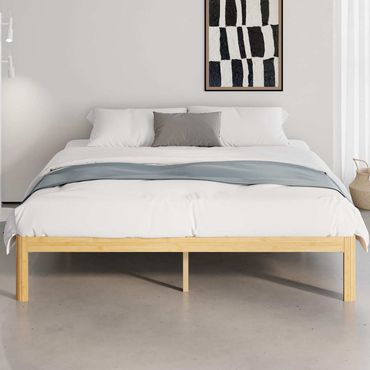 QFtime Bamboo Wood King Size Bed Frame with Metal Slats Support, Platform King Bed Frame, Easy to Install, Noise Free, Sturdy, 30.5 cm High