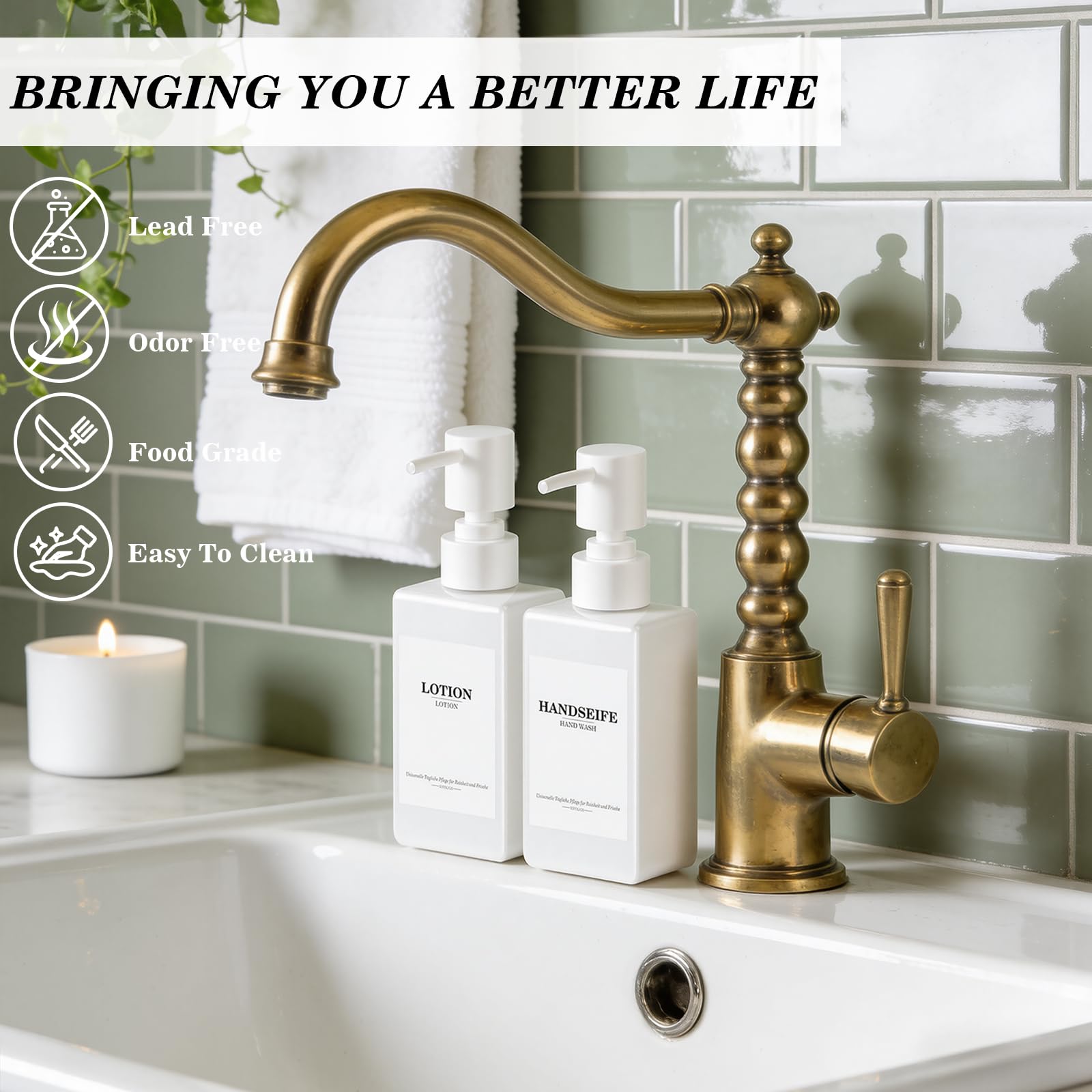 Set of 5 Reusable Shampoo Dispenser Bottles for Filling, 3 x 300 ml + 2 x 500 ml White Refill Bottles with Pump Dispenser