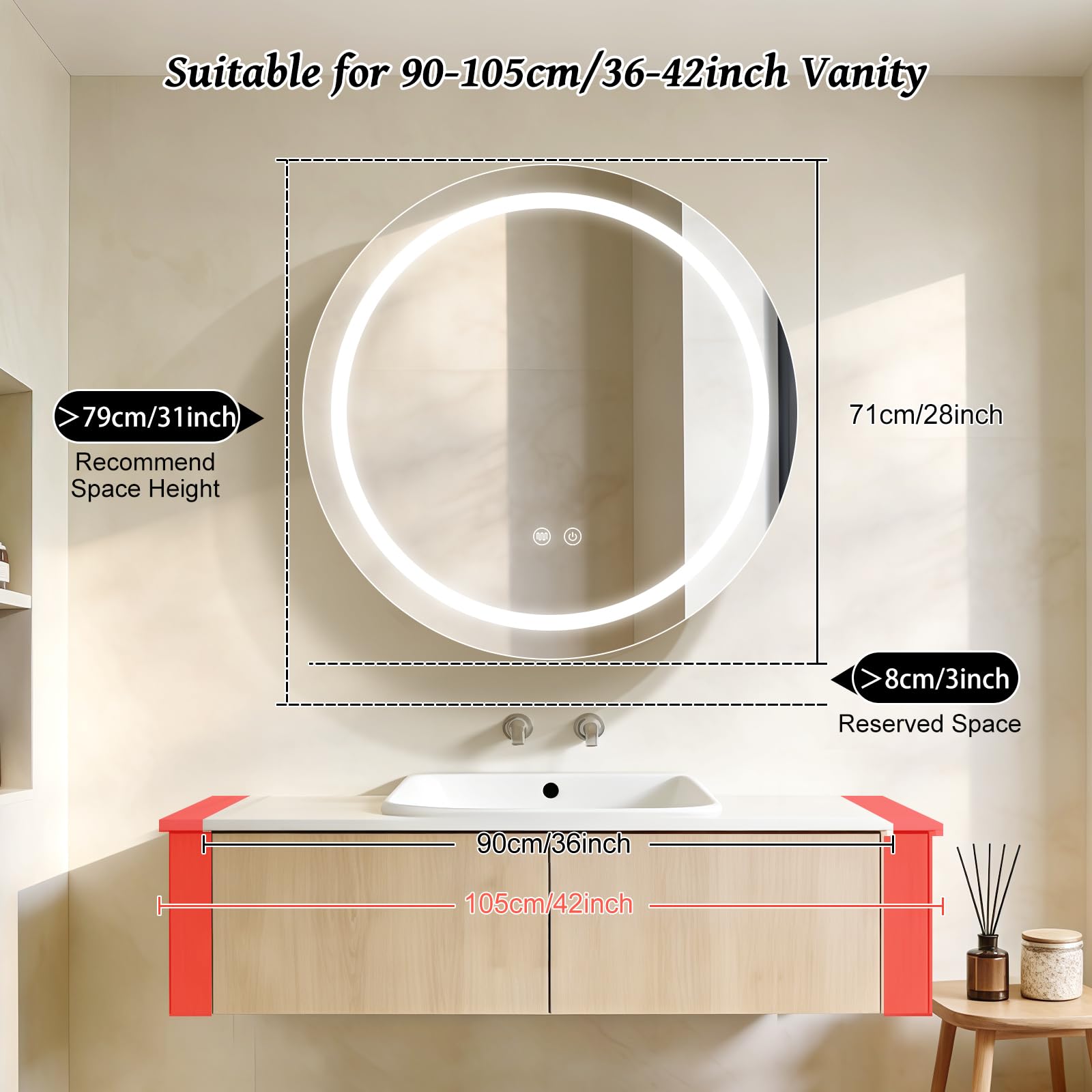 Janboe 71cm Round Mirror Cabinet with Lights,with Defogger,Dimmable,Anti-Fog,3 Colors,Gold