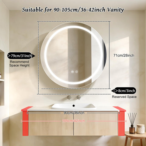 Janboe 71cm Round Mirror Cabinet with Lights,with Defogger,Dimmable,Anti-Fog,3 Colors,Gold