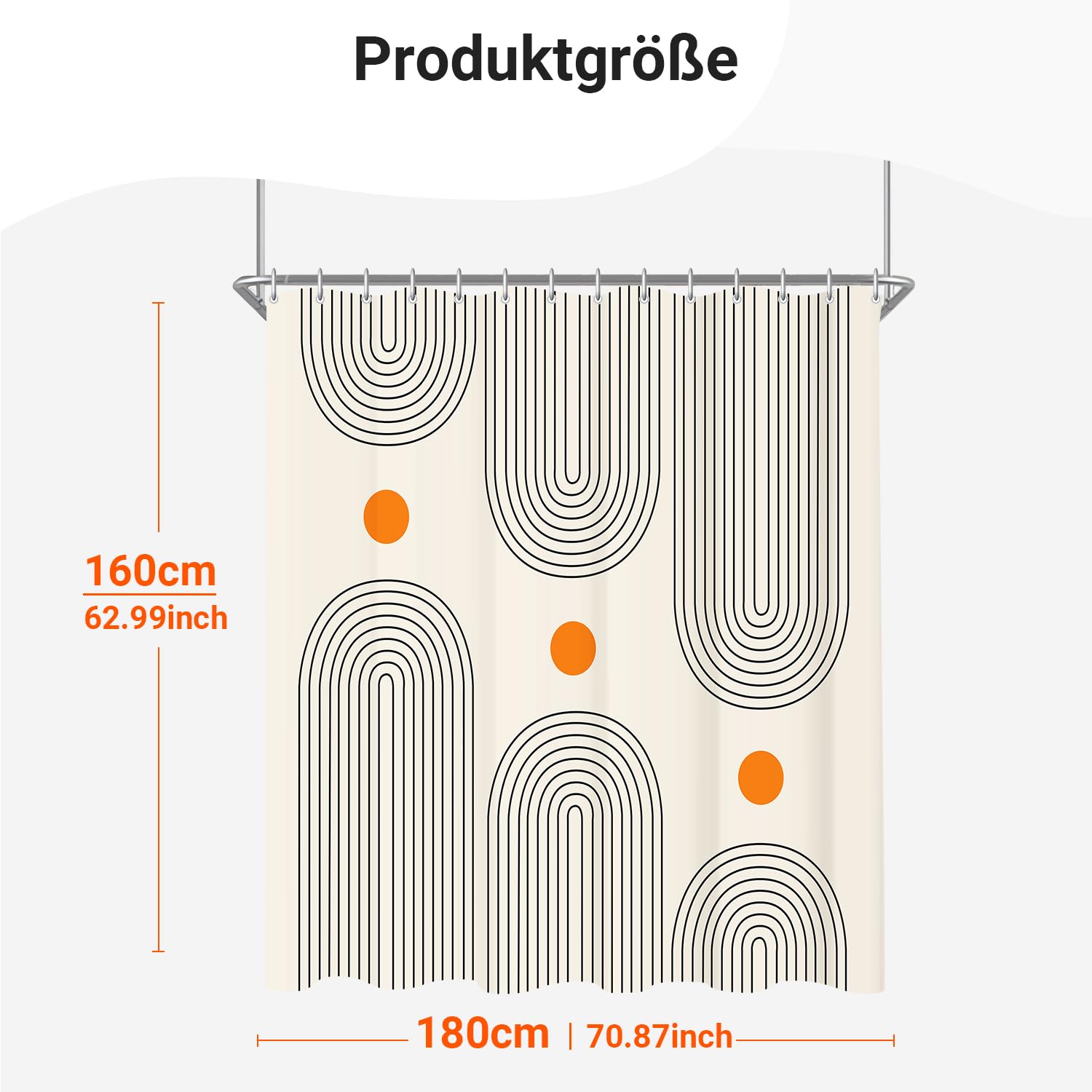 Lerores Shower Curtain 180 x 160 cm Geometric Curve, Weighted Hem, Anti-Mould Textile, Water-Repellent