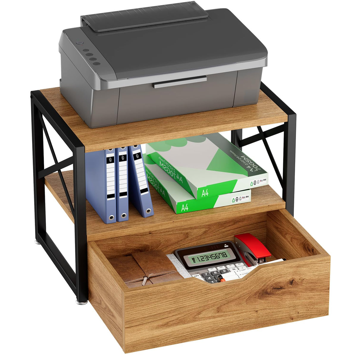 IBUYKE 2 Tier Desktop Printer Stand,Multi-Purpose Desk Organizer,Wooden Printer Stand with Drawer Storage for Folders,Books,for Fax Machine