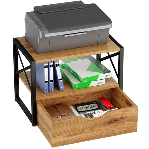 IBUYKE 2 Tier Desktop Printer Stand,Multi-Purpose Desk Organizer,Wooden Printer Stand with Drawer Storage for Folders,Books,for Fax Machine
