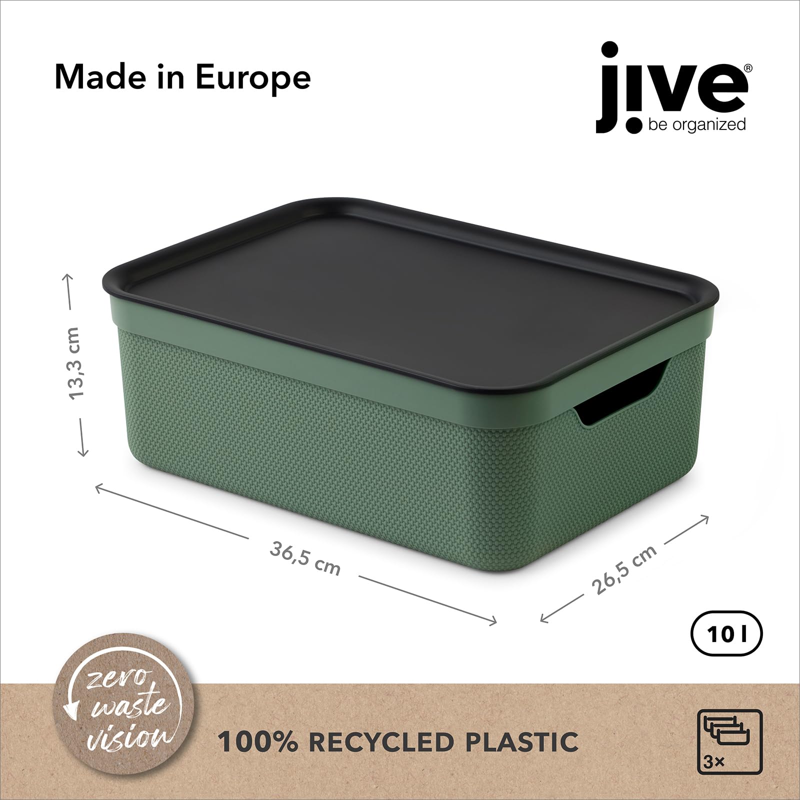 Rotho Jive Dekobox Set of 3 storage box 10l with lid, Plastic (PP recycled), 10l (37.5 x 27.8 x 13.5 cm), Green