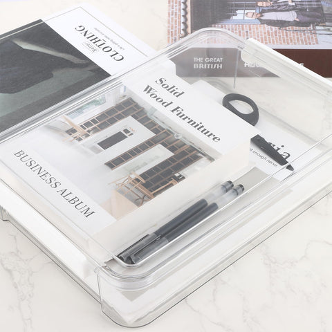 MEIDIV 4 PCS Plastic A4 Storage Boxes with Lids, 34.7x23.4x6.5CM Clear Stackable Shallow Storage Box, A4 Box for Paper Storage, Document, Stationery