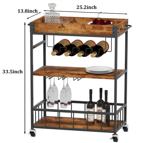 Bar Cart, 3 Tier Serving Trolley, Rolling Wine Trolley, Drinks Trolley