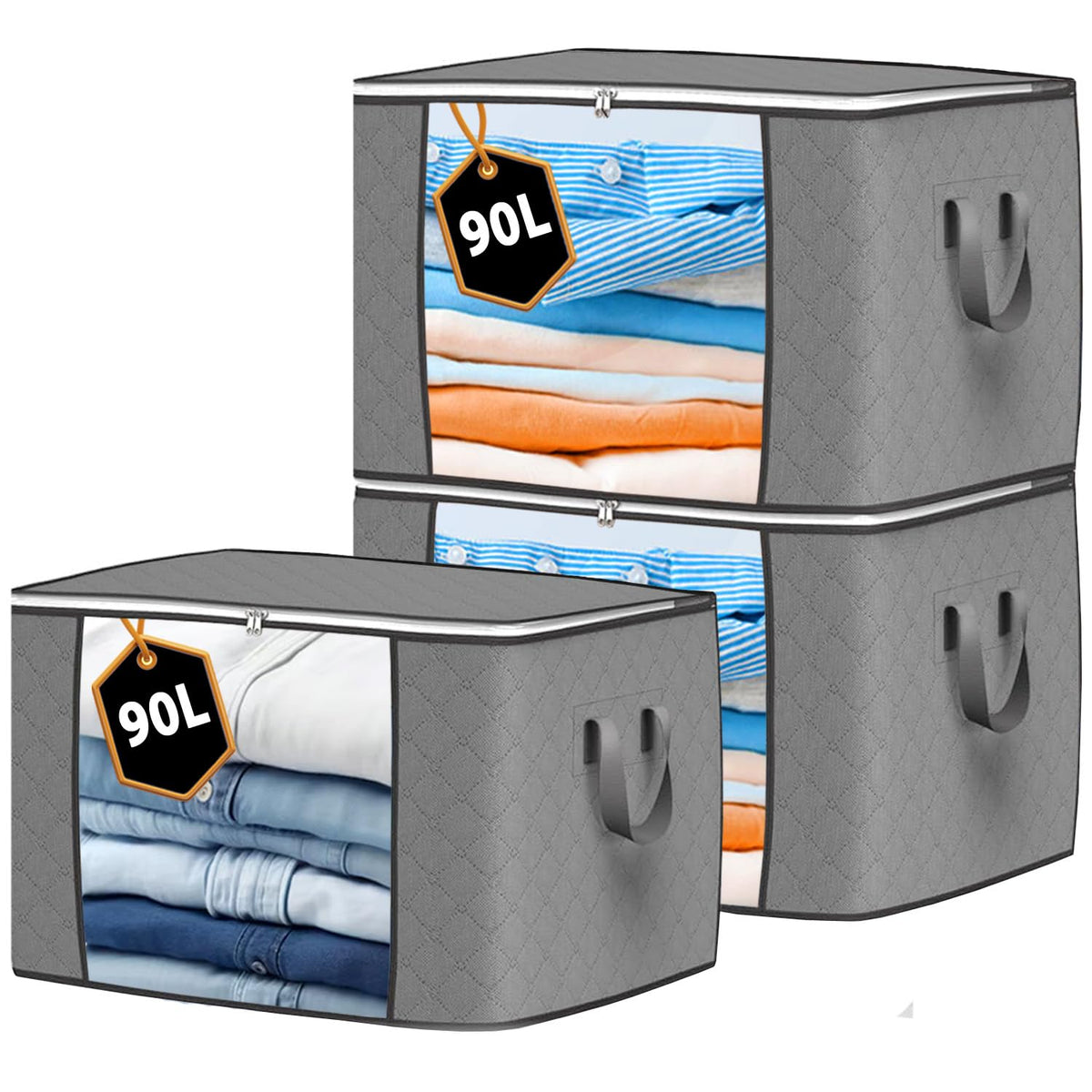 KURNI Storage Bags | Clothes Organizer Boxes, Foldable 3 Pack Grey, 90L Capacity, 3 Sided Zipper Moving Large Bag. Dust & Moisture Proof