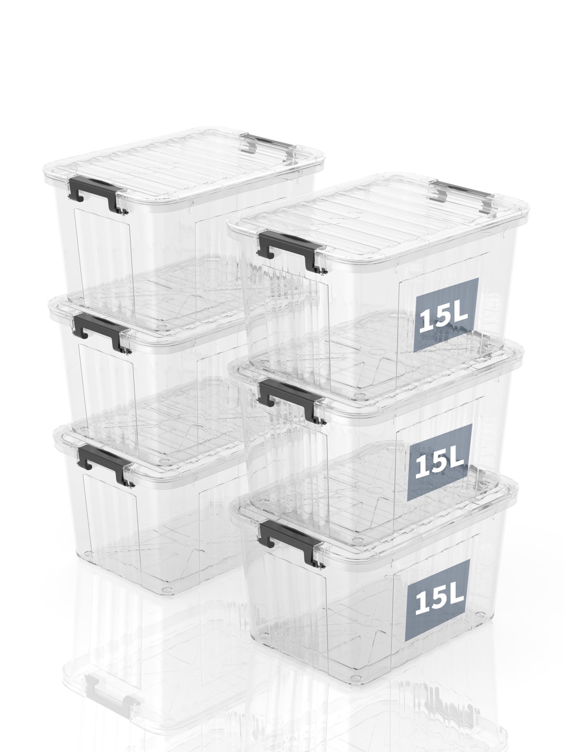 SpaceXpert Plastic Storage Boxes with Lid, Striped Storage Box 15L, Stackable Container for Home Office Accessories, Clear Bins, Polypropylene