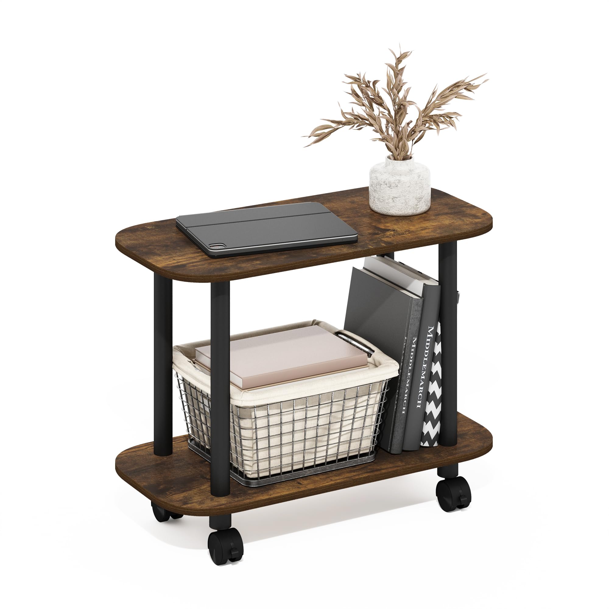 Furinno TURN-N-TUBE Side Table, 2-Tier Oval Sofa End Table with Wheels, Round Corner Night Stand, Bedside Table with Open Shelf, Toolless Assembly