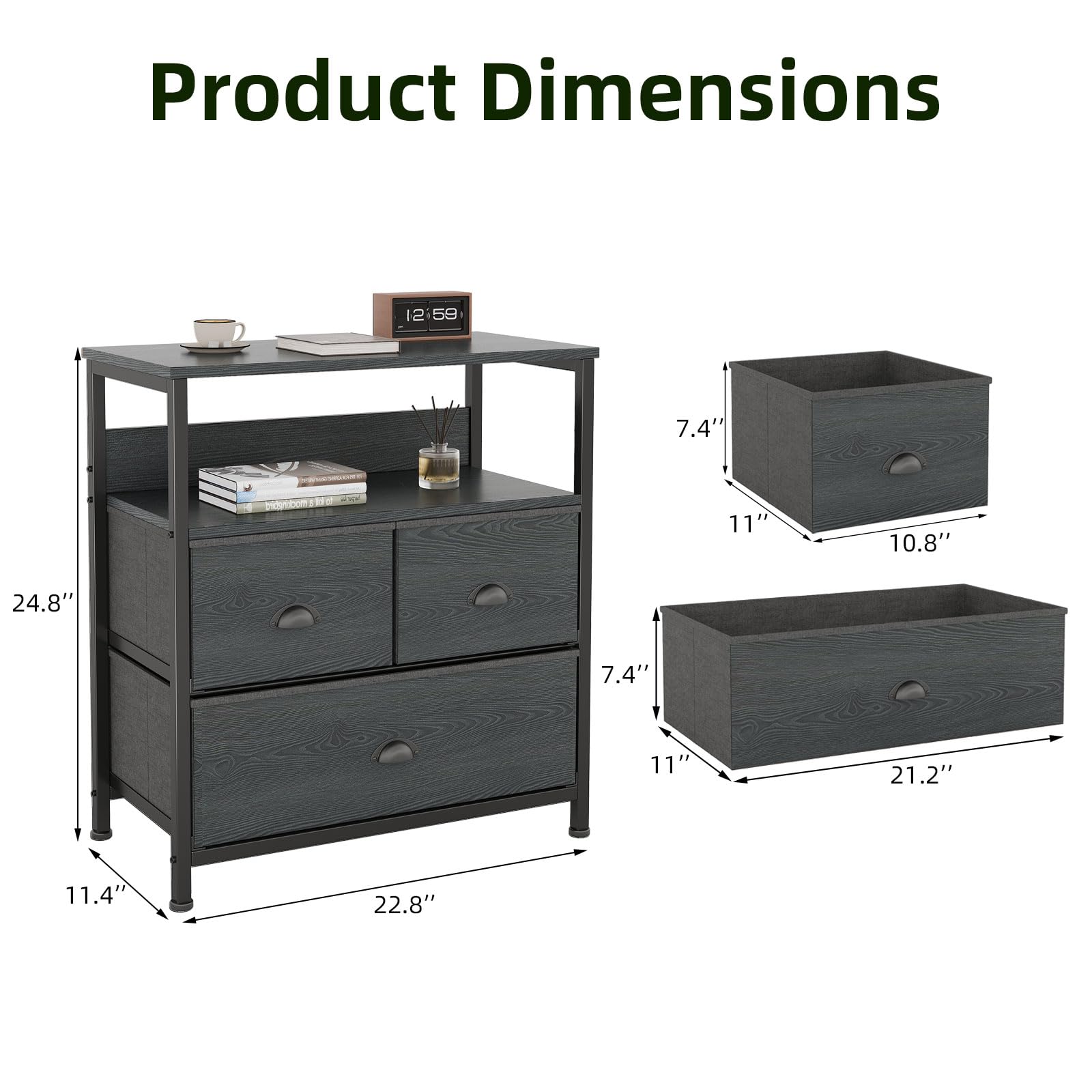 CAIYUN Bedside Table Cabinet with 3 Drawers for Bedroom, Nightstand Sofa Sid with Storage for Living Room, End Table with Metal Frame and Open Shelf