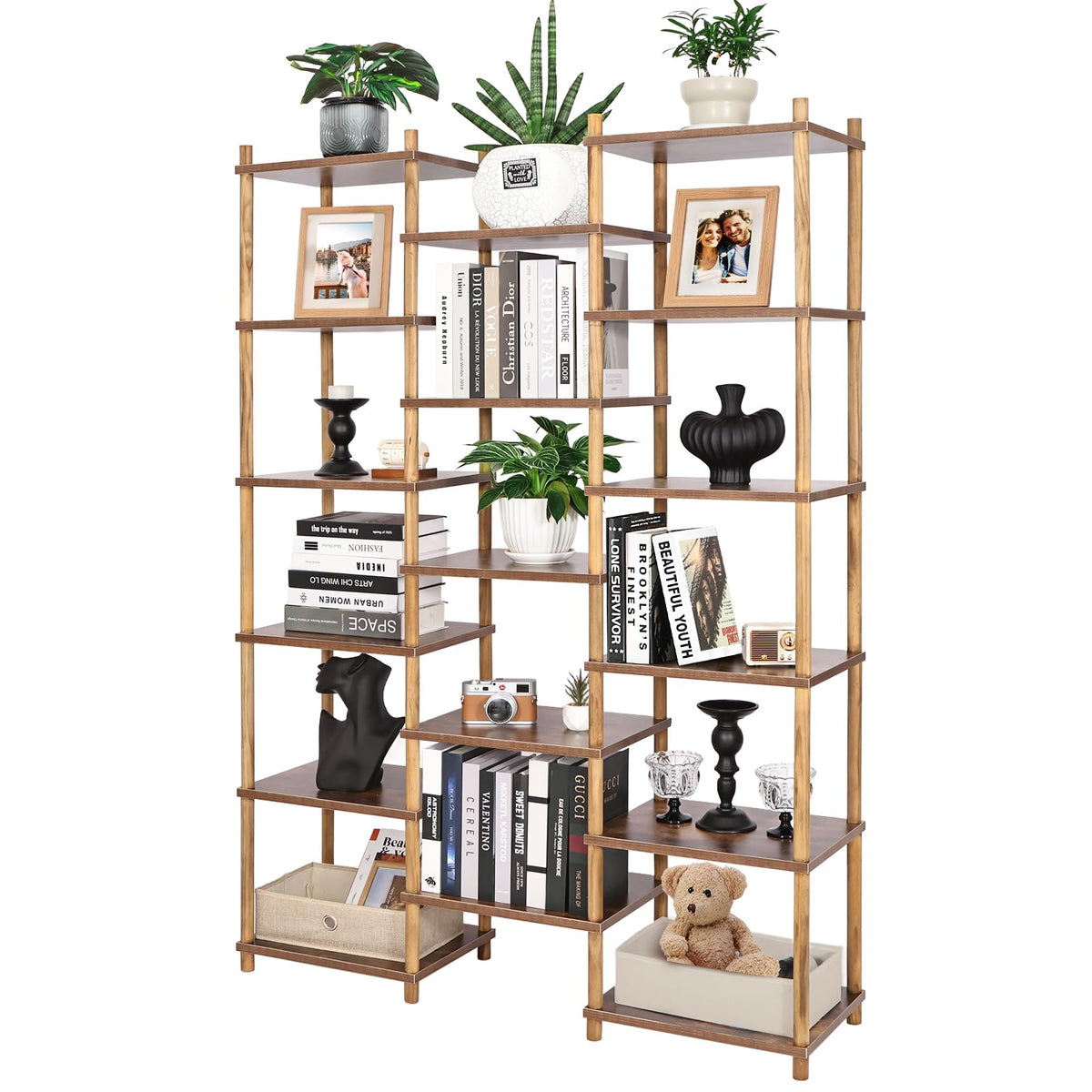 YGYQZ Shelving Unit, Cube Storage Unit with 17 Shelves, Tall Bookshelf Wooden Open Bookcase for Living Room, Home Office, Rustic Brown 114x30x163 cm