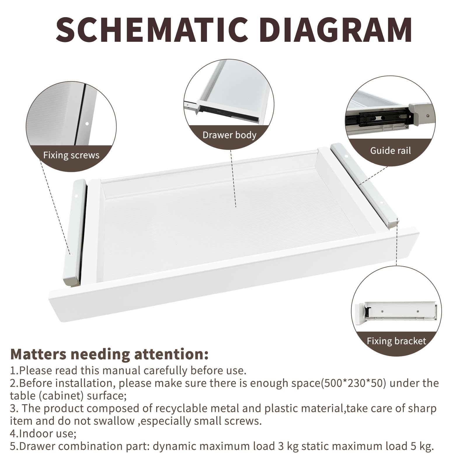 ZEEFAN Under Desk Mounted Sliding Drawer to pull out, Attachable Desk Pencil Drawer Ball-Bearing Slides (White)