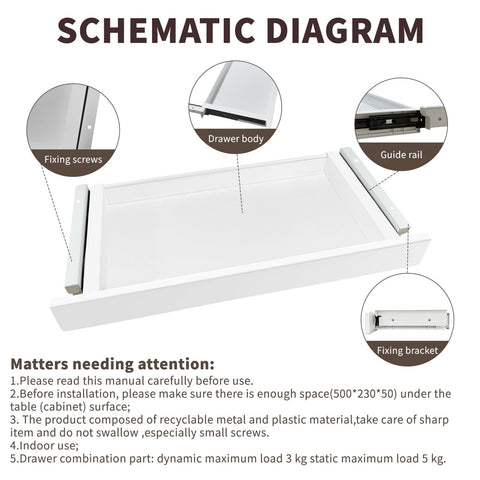 ZEEFAN Under Desk Mounted Sliding Drawer to pull out, Attachable Desk Pencil Drawer Ball-Bearing Slides (White)