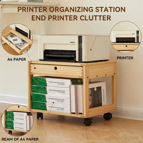 KIRIGEN Solid Wood Printer Stand with a Drawer, 2 Tier Printer Table fit Fax Scanner/3D Printer