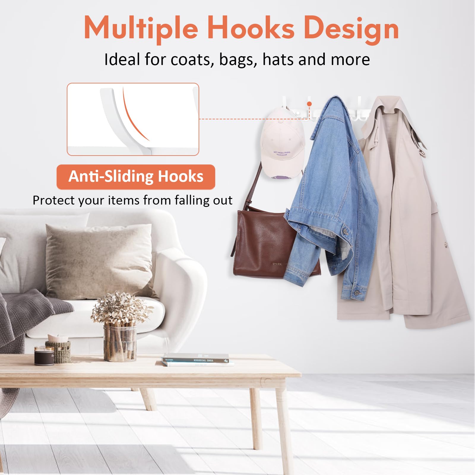 Optish Coat Hooks Wall Mounted, 2 Pack Coat Rack Wall Mount with 15 Hooks, White Wall Coat Hooks for Jackets, Hats, Bags, for Entryway, Bedroom