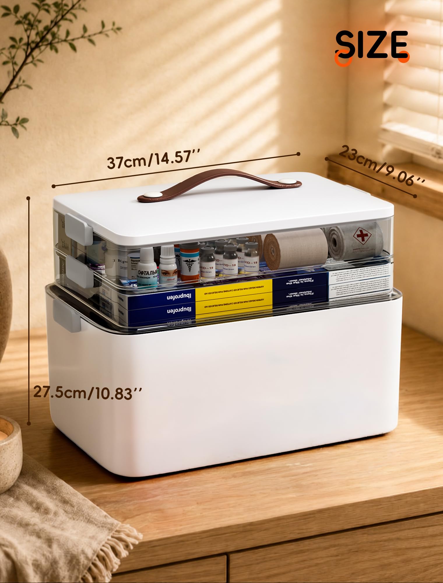 Medicine Storage Box, 3-Tier Medicine Organiser with Carry Handle, Large First Aid Storage Container with Clear Trays, White Medicine Storage Case