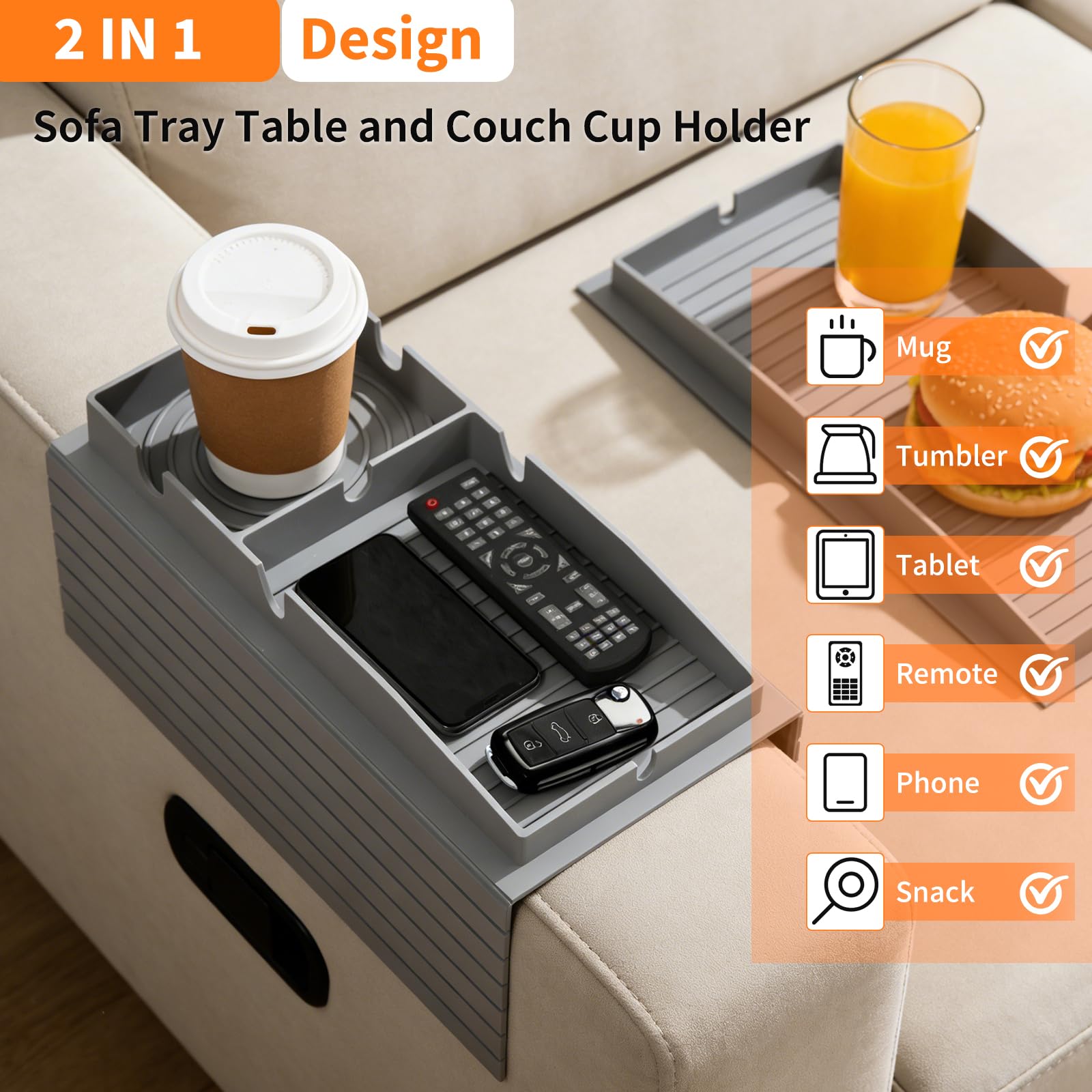 ANTREATU Silicone Sofa Arm Tray, Flexible Couch Arm Table with Cup Holder, Anti-Slip Couch Caddy for Drinks, Snacks, Phone, Remote Control - Grey