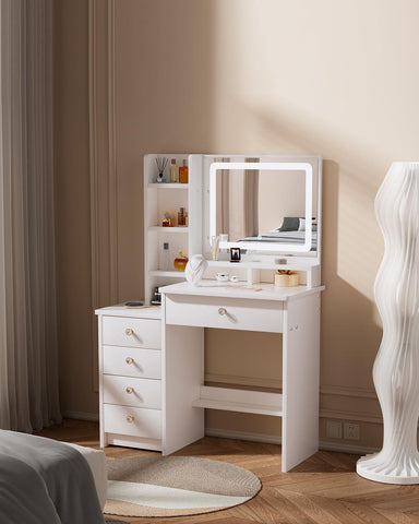 ZenkiHome Dressing Table with LED Mirror and Adjustable Lights, 90cm White Vanity Desk