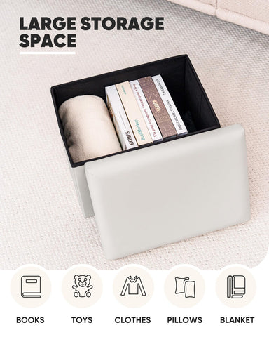 Bonlife Cream Ottoman Storage Box - Folding Foot Stool with Lid, Comfortable Storage Ottoman for Home,42x32x32 cm