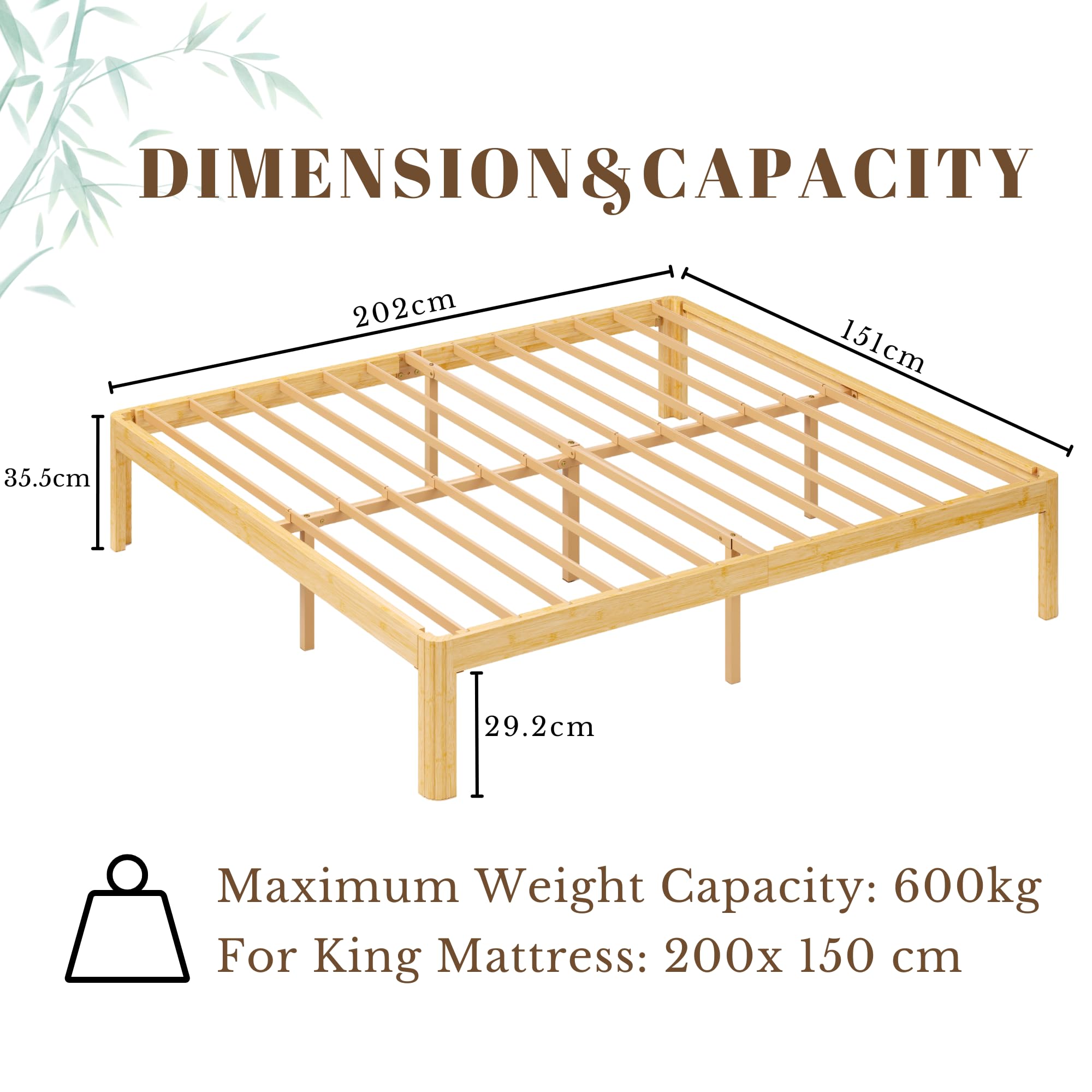 QFtime Bamboo Wood King Size Bed Frame with Metal Slats Support, Platform King Bed Frame, Easy to Install, Noise Free, Sturdy, 30.5 cm High