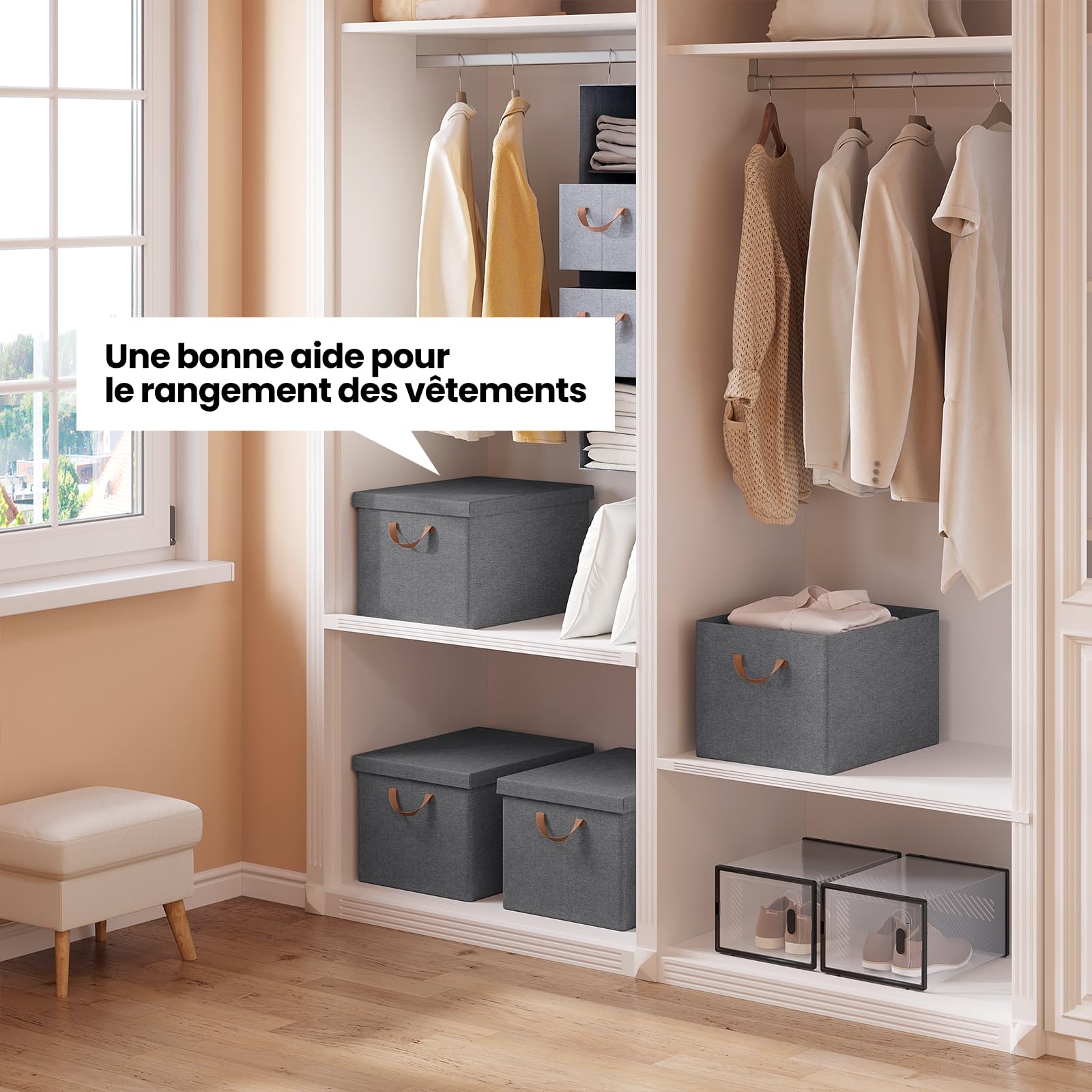 WOLTU Collapsible Storage Boxes Set of 5, Non-Woven Fabric Storage Boxes with Removable Lid, Handles, Metal Frame, 51L, Grey, 48x36x30cm