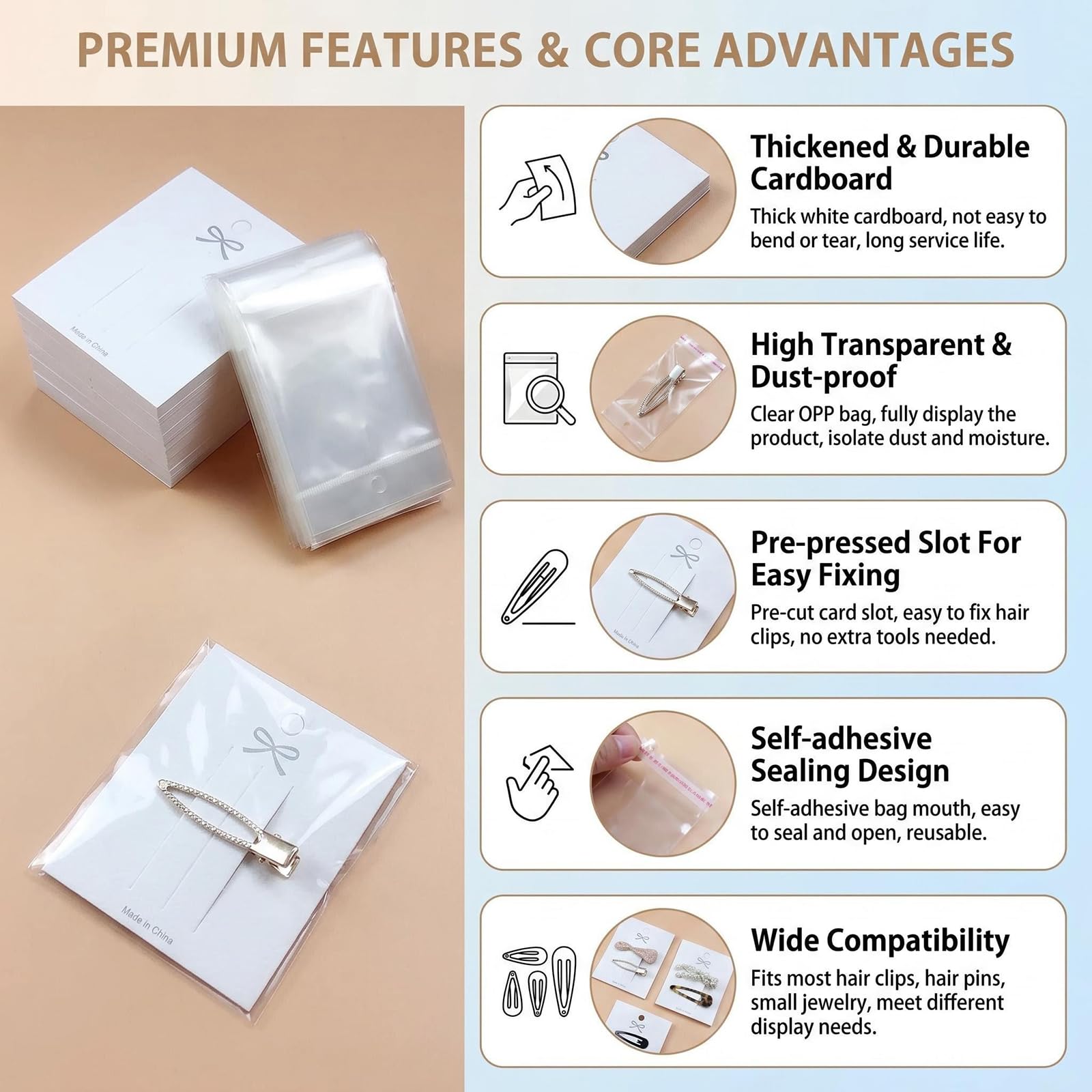 100PCS Hair Clip Display Cards with 100PCS Clear Bags Paper Cardboard Hair Barrettes Hairpin Card Holder for Jewelry Organizing