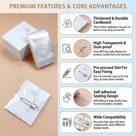 100PCS Hair Clip Display Cards with 100PCS Clear Bags Paper Cardboard Hair Barrettes Hairpin Card Holder for Jewelry Organizing