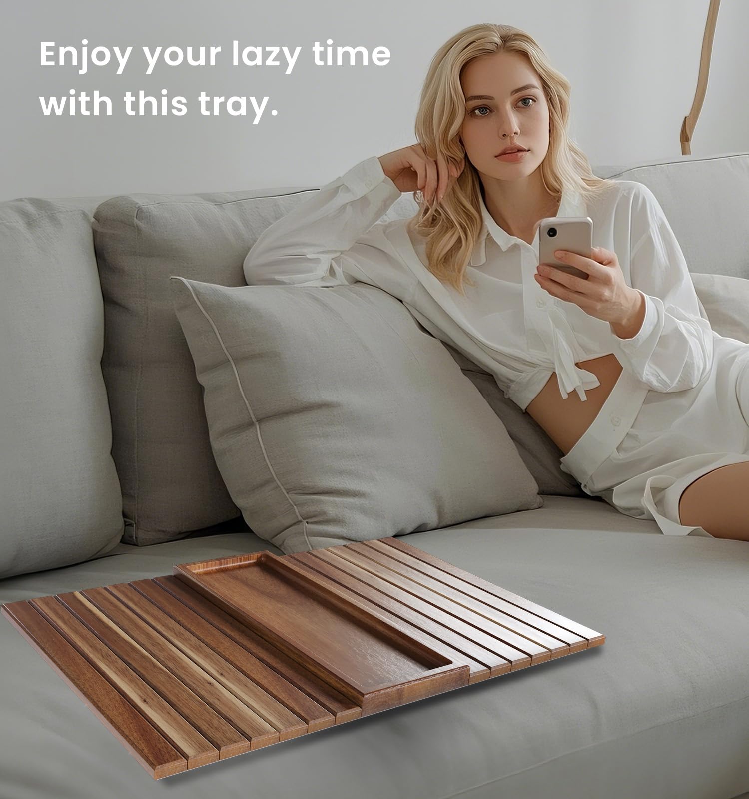 Fibogollo Sofa Arm Tray,Acacia Wood Folding Couch Arm Tray,1 pc Sofa Armrest Tray with Anti-Slip Pad for Drinks,Snacks,Phone,Remote Control