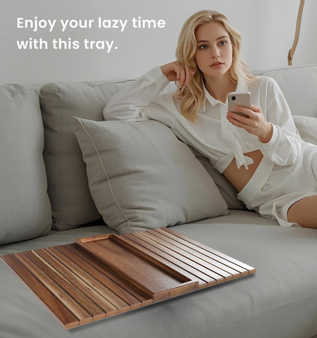 Fibogollo Sofa Arm Tray,Acacia Wood Folding Couch Arm Tray,1 pc Sofa Armrest Tray with Anti-Slip Pad for Drinks,Snacks,Phone,Remote Control